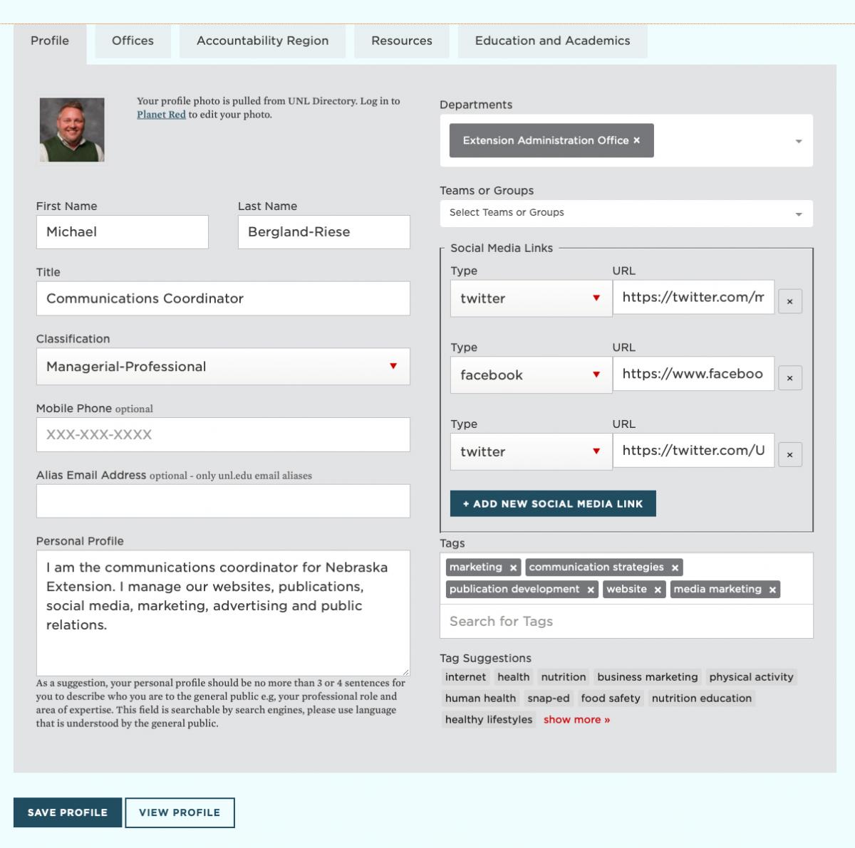 Profile Layout and Selection Areas