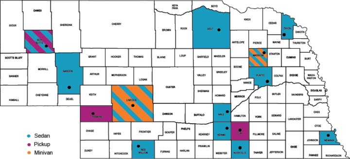 Map of Nebraska highlighting the fleet vehicles available in the counties. 