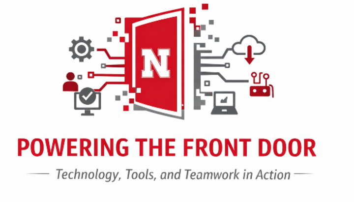 Red "N" logo on an open door surrounded by tech icons, text below reading “Powering the Front Door.”
